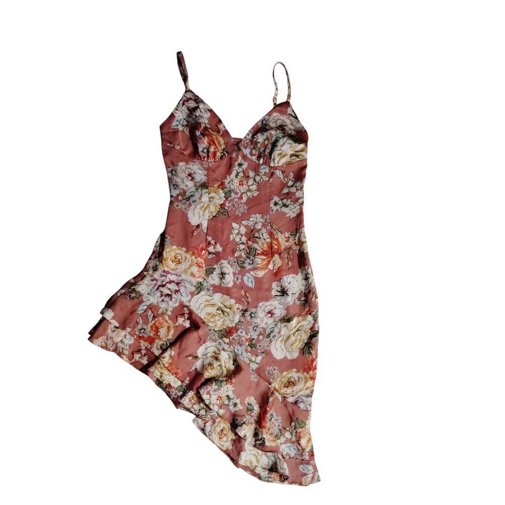 Superdown Women XS Dusty Rose Floral Asymmetrical Ruffle Hem Mini Dress‎ Revolve